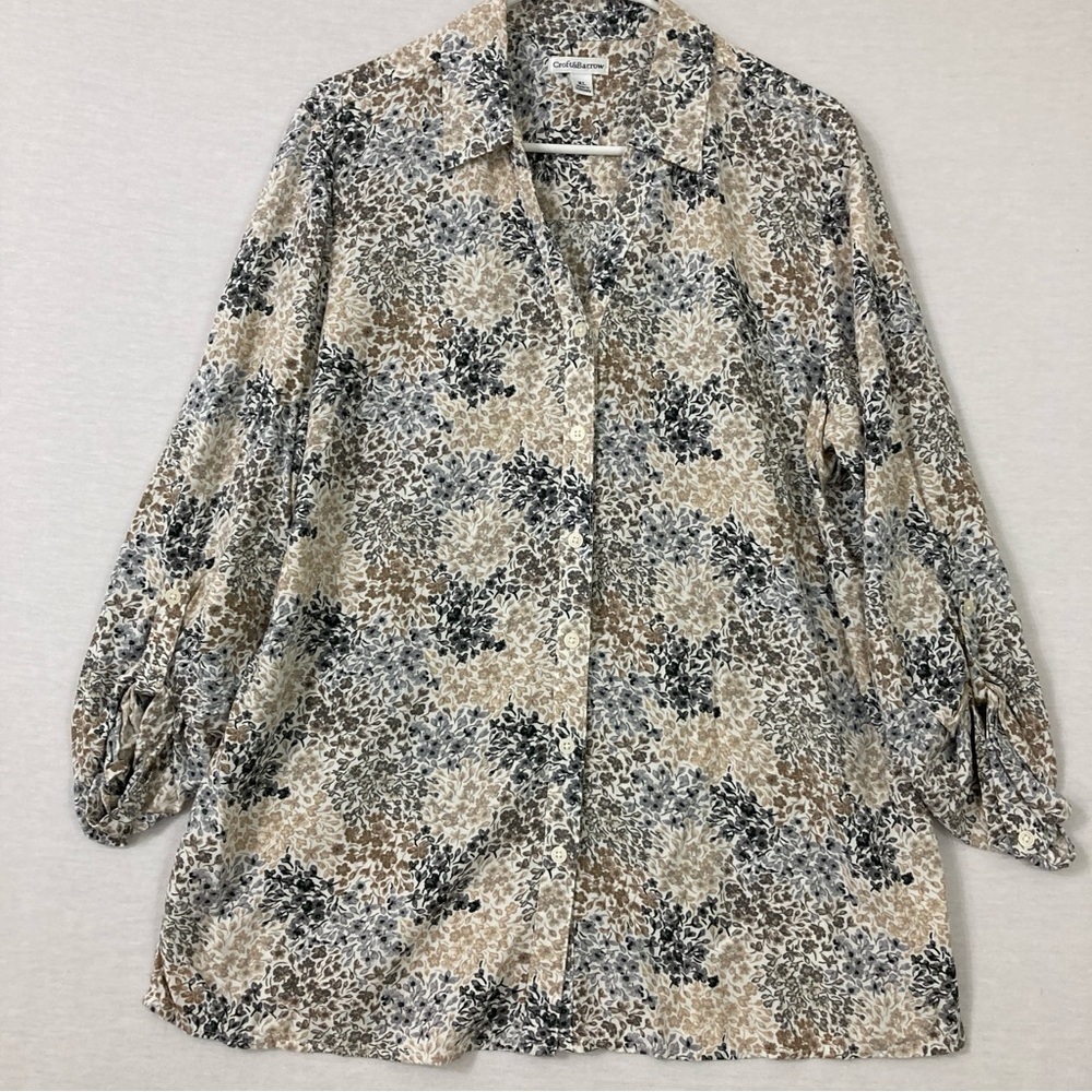 Croft & Barrow Ditsy Floral Gray Brown Rolled Tab Buttonβ Down XL